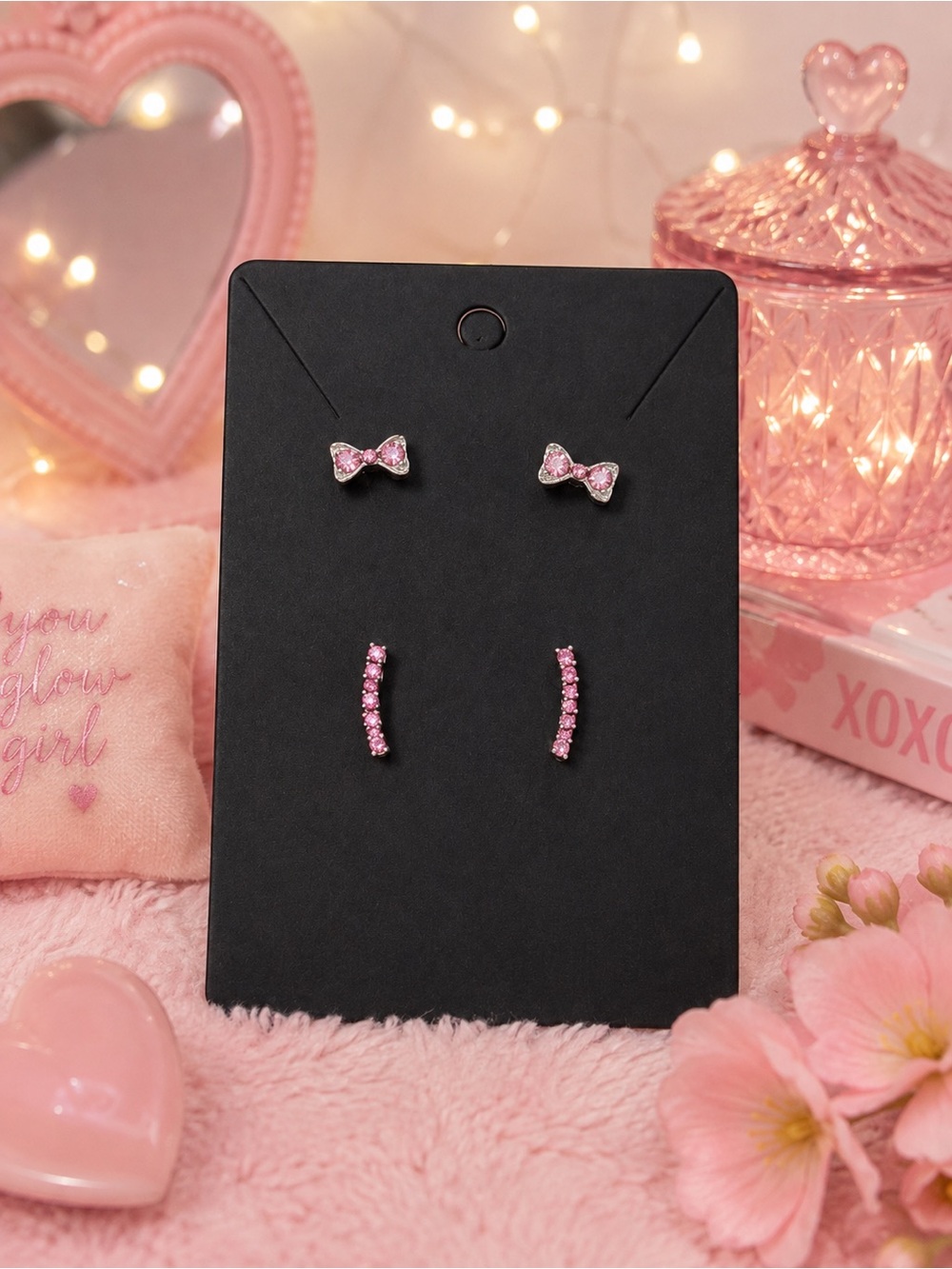 🎀 Pink Rhinestone Bow & Bar Earrings Set of 2 Pairs ✨